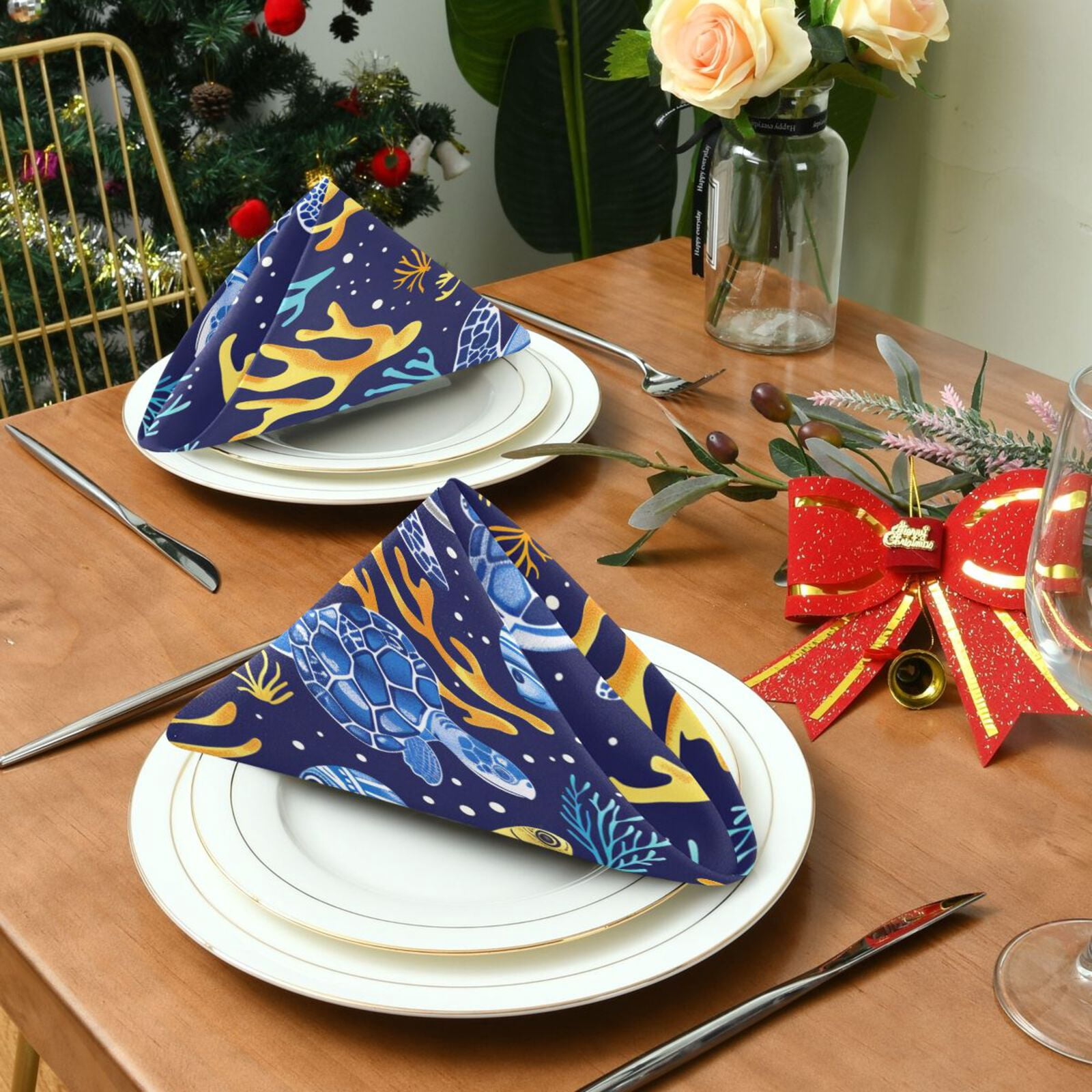 JSTEL Sea Turtle Coral Fish Cloth Napkins Set of 6, 20x20 Inch Washable and Reusable Napkin for Decoupage Dinner Party Everyday Use