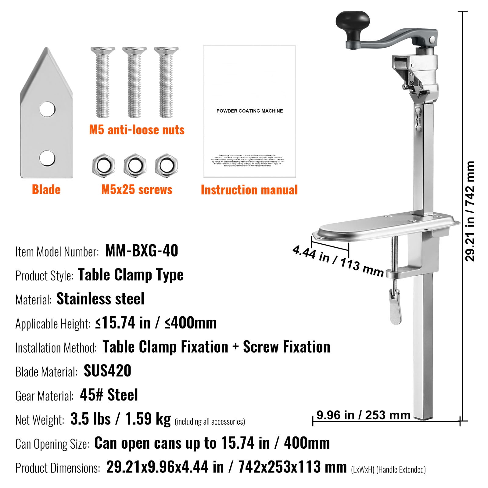VEVOR Commercial Can Opener, 23.2"/59cm Long, Manual Table Can Opener for Up to 15.7"/40cm Tall