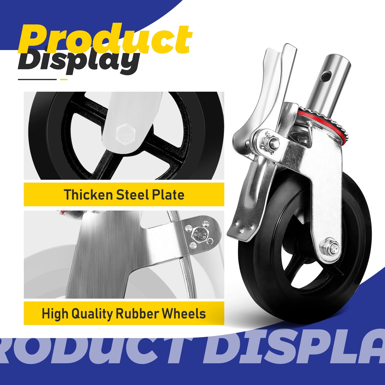 Scaffolding Wheels, Scaffold Wheels, Scaffold Caster, 8 Inch, Set of 4, Scaffolding Parts, Double Locking Brakes, Grease Fittings, Stem, Swivel, Heavy Duty, Rubber, Black, 6400LB Capacity