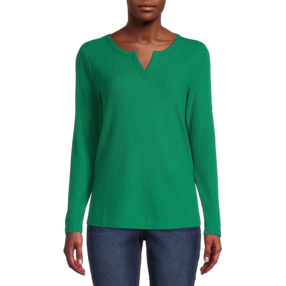 Nine.Eight Women's Waffle Knit Henley with Long Sleeves