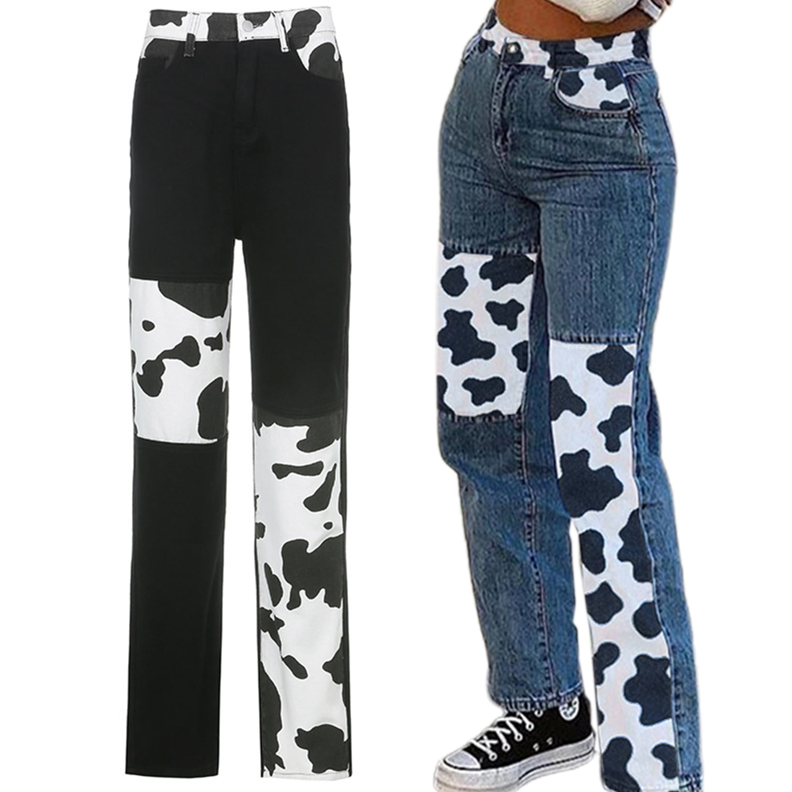 ✪ Women Mid Waist Straight Leg Jeans Harajuku Milk Cow Print Patchwork Denim  Pants 