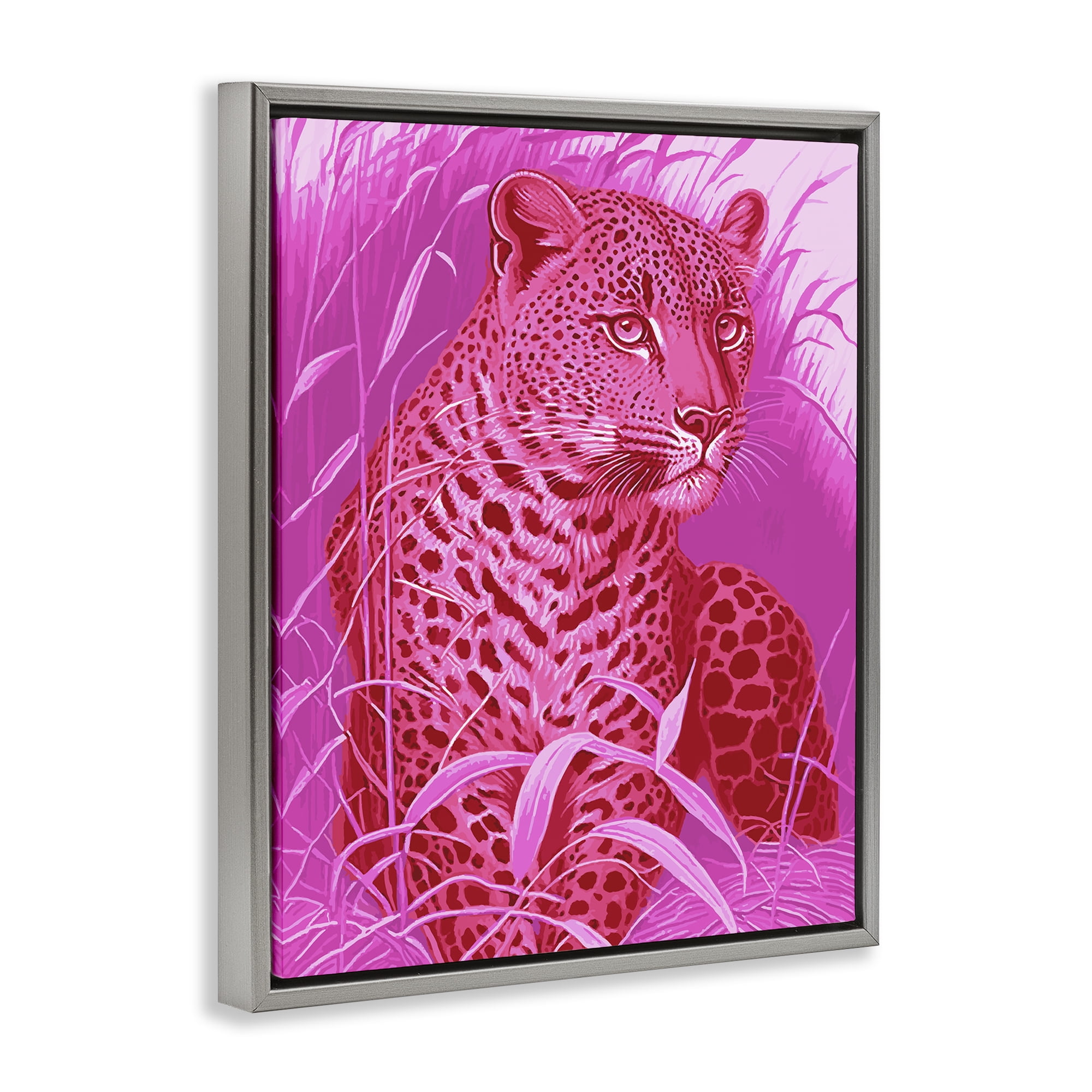 Stupell Industries Cheetah Among Pink Leaves Animals Painting Gray Floater Framed Canvas Art Print Wall Art, 17 x 21