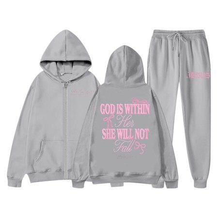 sususu Cozy Fall Fashion Fall Clothes Women s Casual Letter Print Tracksuit Set Zip Up Hoodie with Drawstring and Jogger Pants Long Sleeve Outfit Featuring Pockets - Grey