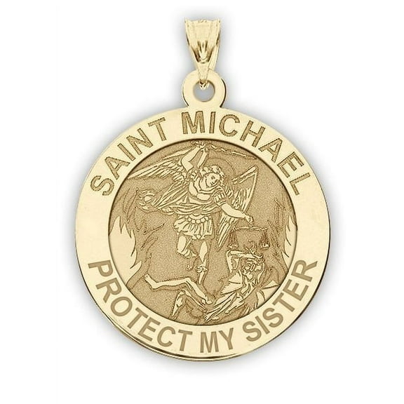 Saint Michael - Protect My Sister - Religious Medal  1 Inch in Solid 14K Yellow Gold