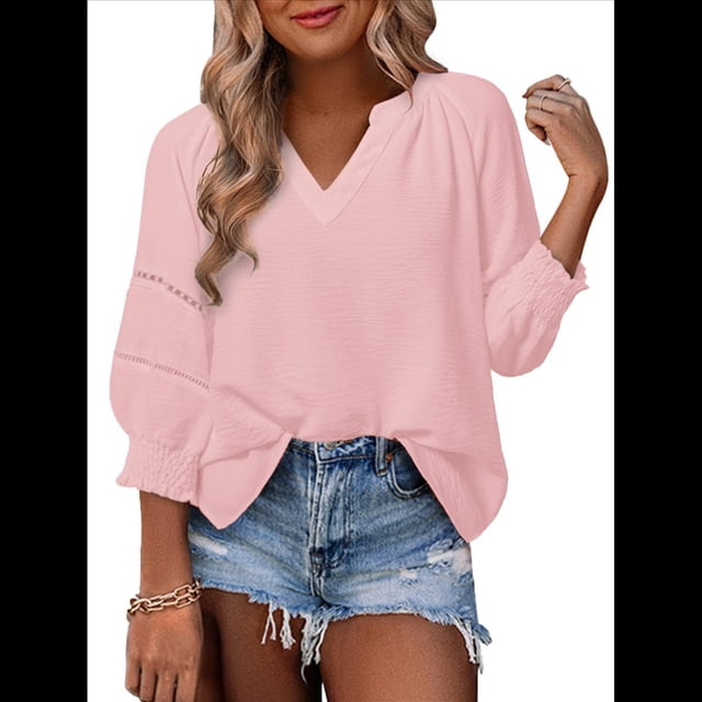 Blusas de 3/4 para Mujer, Blusas Plisadas Informales de Negocios con Cuello en V, Camisas Holgadas de Oficina Rosa XL