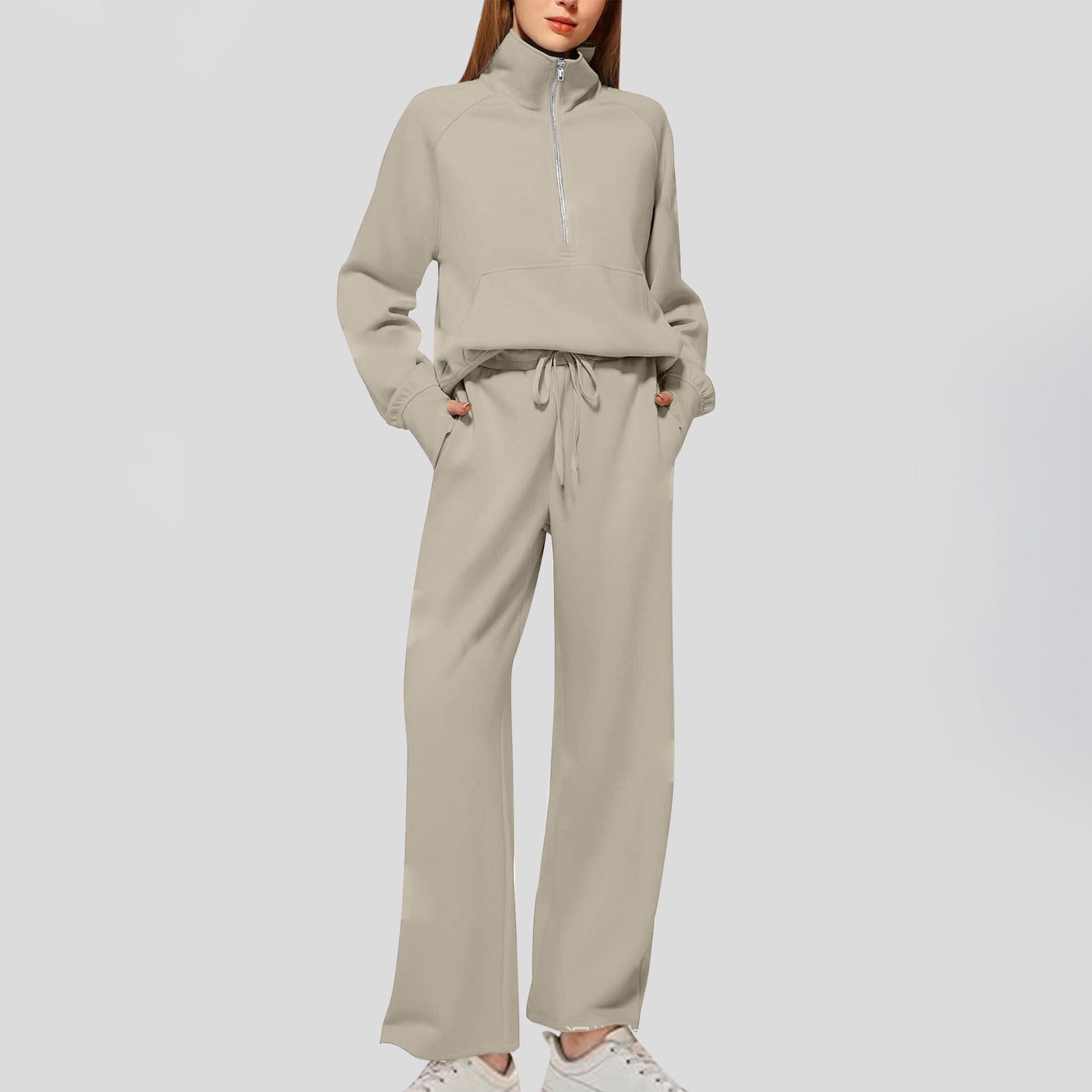 Womens 2 Piece Outfits Fall Two Piece Sets Women's Solid Color Casual Zipper Long Sleeved Pants Wide Leg Set my reorder list