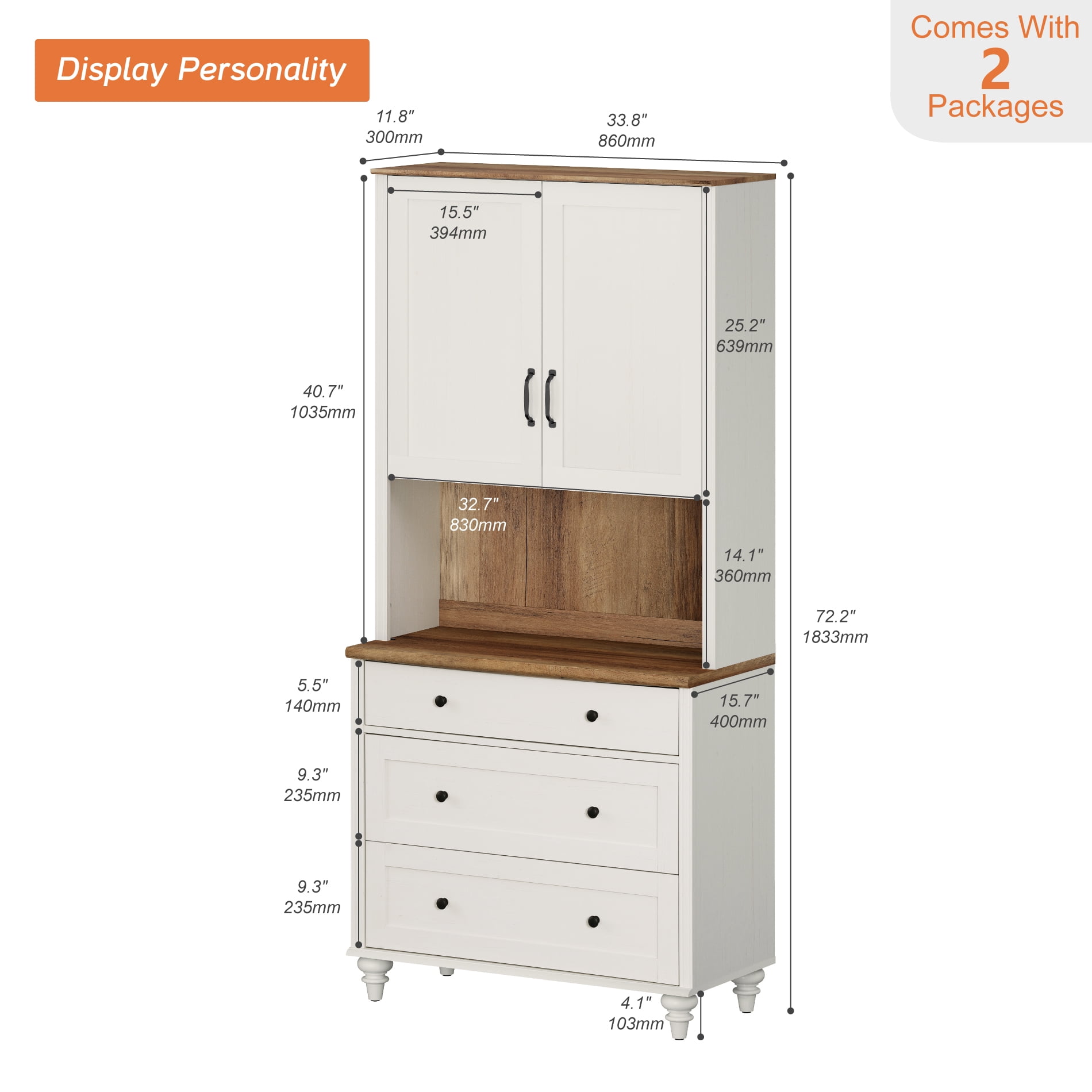 72"H × 34"W Modern Farmhouse Wooden Library Bookcase with Wood Doors & 3 Drawers, Freestanding Storage Bookshelf for Living Room, Office & Study Room, White