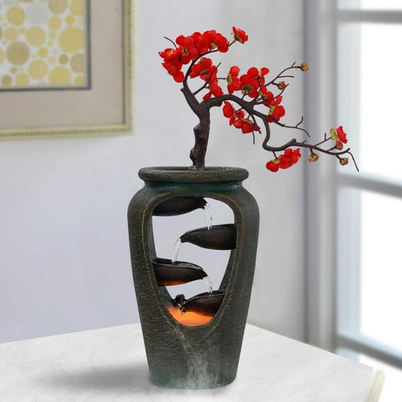 Flower Vase Waterfall Table Top LED Light Water Fountain Indoor FengShui Decor
