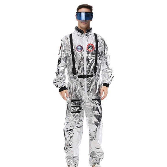 DHFJKG Men Astronaut Dress Up Outfits Carnival Stage Performance Metallic Long Sleeve Belted Front Zipper Onesie With Glasses 2PCS Set