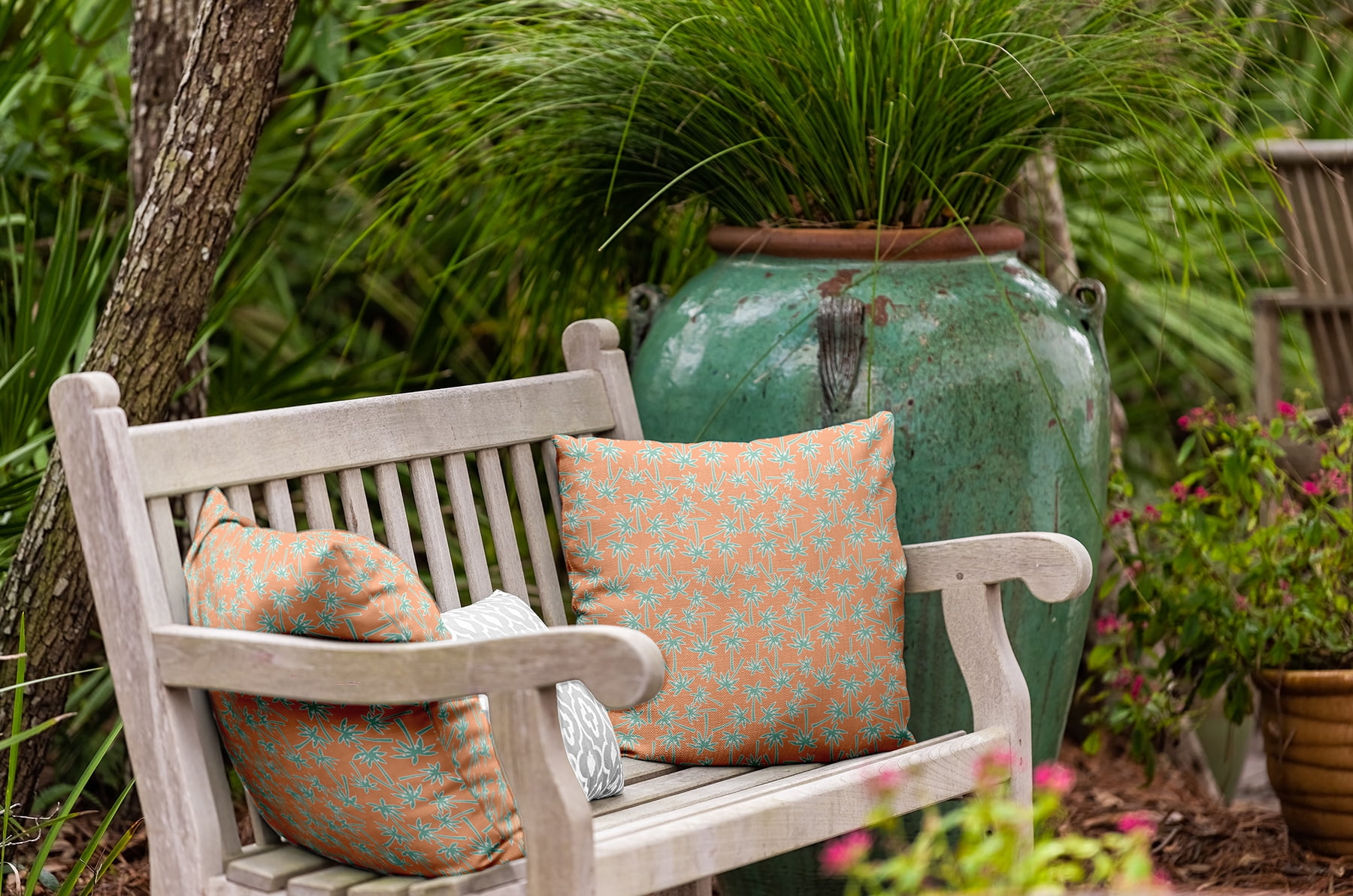 20" x 20" Simply Daisy Palm Tree Pattern Polyester Indoor/Outdoor Pillow, Orange Qty 1