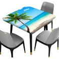 thumbnail image 2 of Beach Polyester Square Fitted Table Cloths, Coconut Palm Tree Wipe Clean Elastic Edged Table Cover, for Indoor Holiday Family Banquet and Outdoor Patio Use, Fit for 34" x 34"Square Table, Blue Green, 2 of 6