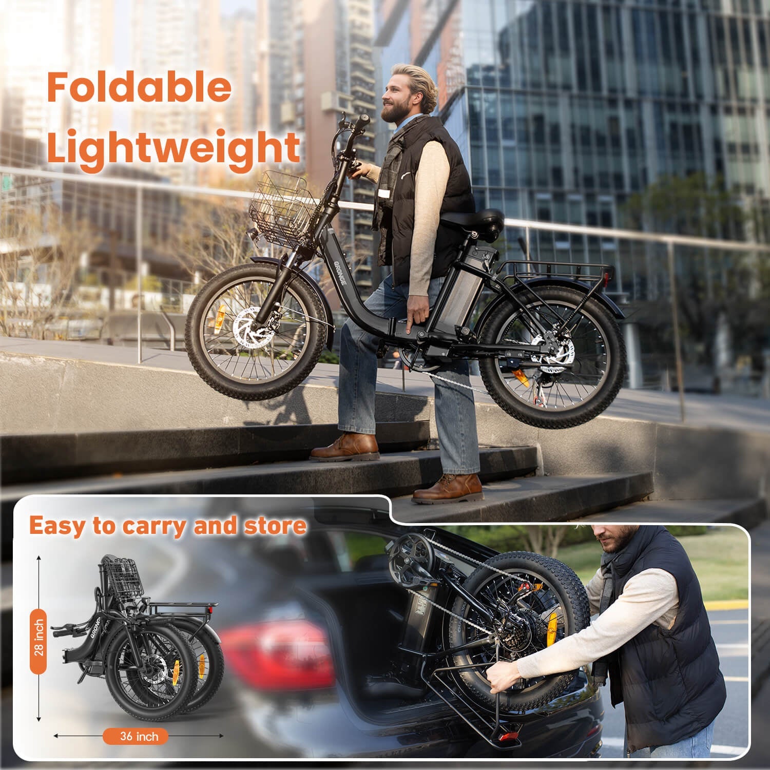 Folding Electric Bikes for Adults 1000W Peak 70 Miles Max Range 20 mph Top Speed Step Thru E Bike Fat Tire Foldable E-Mountain Bikes with Front Basket, 7 Speed, 36V 13.5AH Battery, UL2849 by SGS