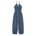 thumbnail image 5 of Women's Deep V-Neck Jumpsuit, Sleeveless With Fold Pocket & Back Ties, Ankle Strap Long Pants For Elegant Evening Look Dark Blue M, 5 of 6