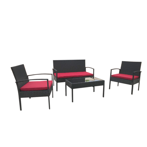 4 Piece Patio Porch Furniture Set, Outdoor Rattan Patio Furniture Sets, Patio Conversation Sets, Porch Deck Furniture, Wicker Patio Chairs and Table, Red - image 5 of 6