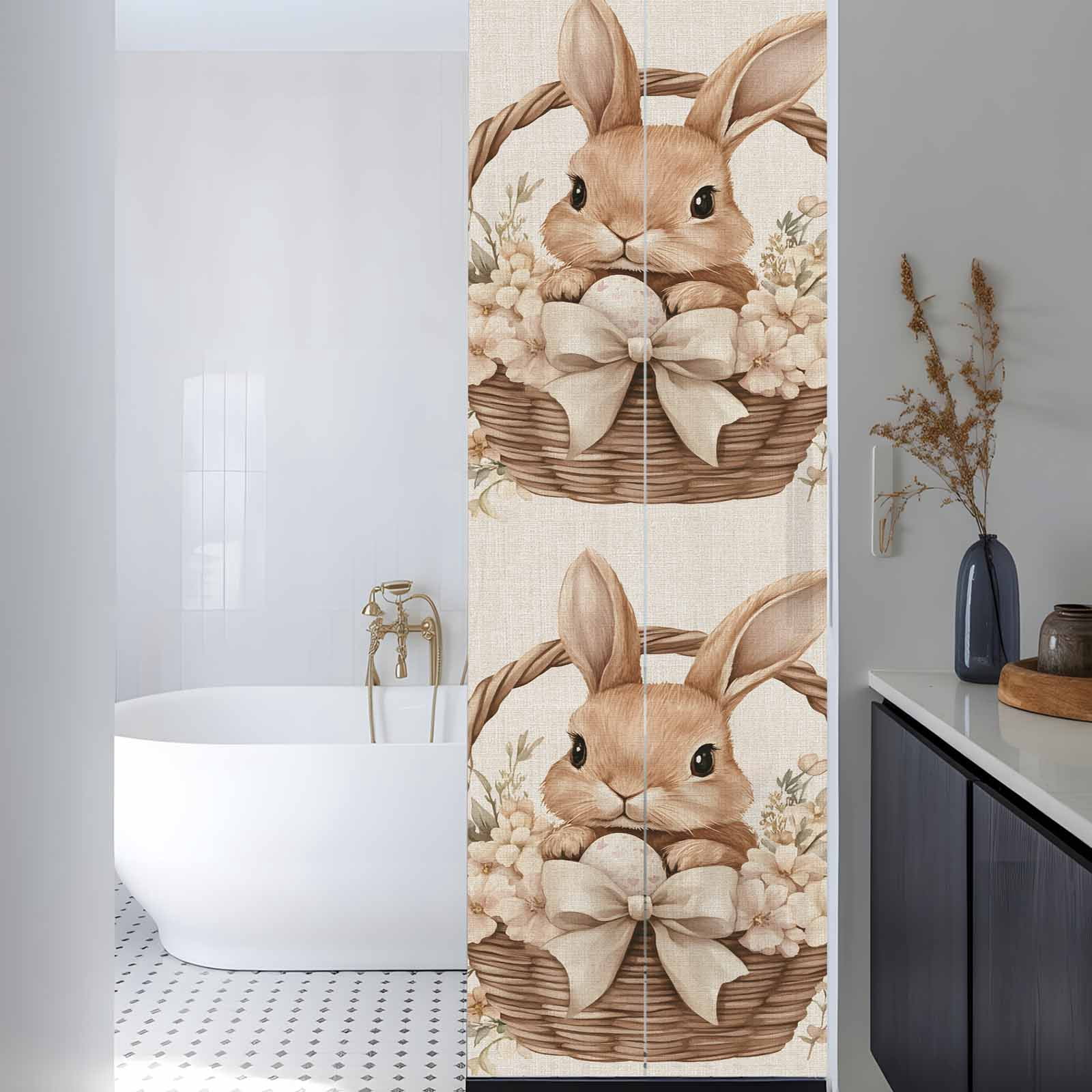 Easter Basket Rabbit Window Privacy Film, Vintage Bowknot Egg Spring Floral Leaf Linen Texture Frosted Glass Window Clings Static Cling Heat Blocking Reusable Door Sticker for Bedroom 23.6x78.7 Inch