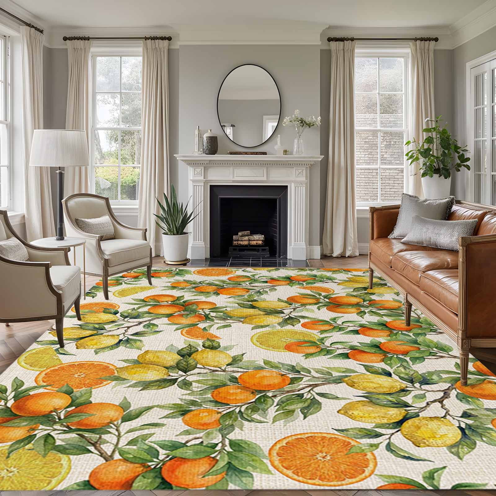 Rectangle Rug 6x9ft Area Rug Watercolor Oranges Lemons Leaves Area Rugs for Living Room Bedroom Vintage Summer Fruit Floor Mat Non-Slip Non-Shedding Carpet Indoor Accent Rugs
