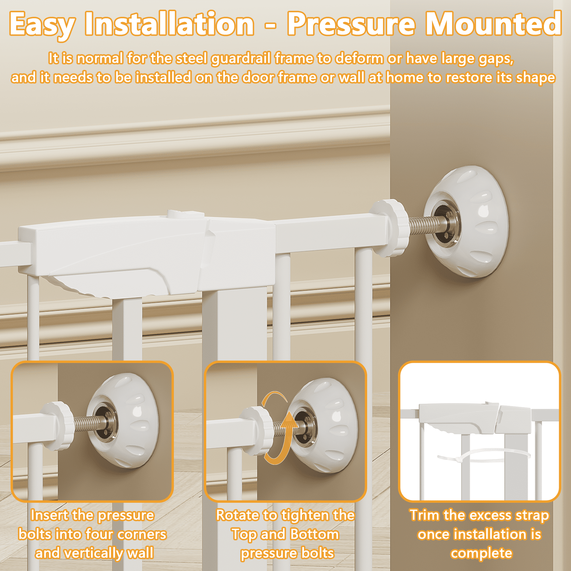 Leumius 29.5-45.3" Wide Baby Gate with Wall Protector for Stairs and Doorways, No Drilling Pressure Mounted Pet Gates for Kids, Easy Walk Through Safety Gate White