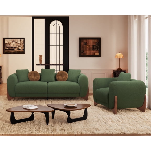 Morden Fort Sherpa Fabric Cloud Single Sofa and 3-Seater Couch Set, Modern Boucle Living Room Furniture Set, Green