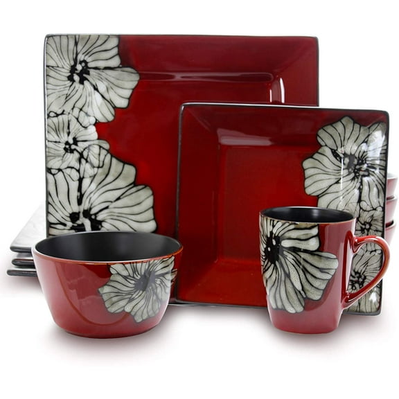 Mojitor's Luxurious Red Winter Bloom 16 Piece Dinnerware Set with Complete Settign for 4