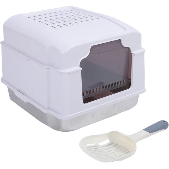 BOYOU Enclosed Cat Litter Box Extra Large Capacity Odor Control High Sided Litter Box Enclosure Stainless Steel Cat Toilet with Lid Scoop for Indoor Kitty 16.54x15.35x14.17in (White)
