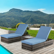 NSdirect 3-Piece Patio Wicker Chaise Lounge Set, Adjustable Outdoor Rattan Chaise Lounge Chairs with Cushion and Table, Blue