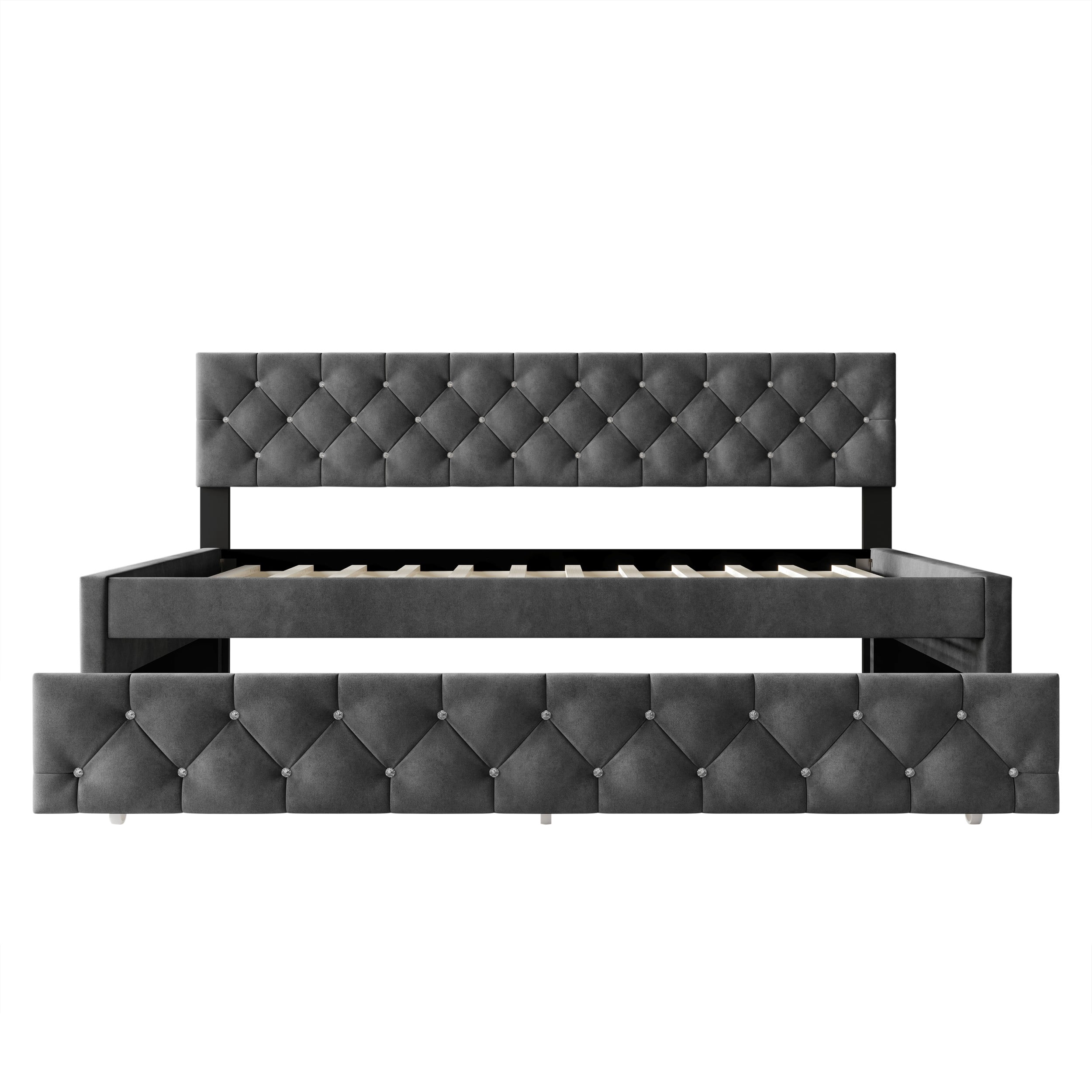Home Design Darcey Luxurious Velvet Upholstered Daybed with Pull-Out Trundle, Diamond Button Tufted, Dark Gray, Easy Assembly