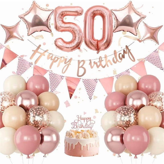50th Birthday Decorations for Women, Retro Pink Number 50 Balloon Set, Happy Banner, Topper, Rose Gold Star Balloons for Women 50 Year Old Party Decor