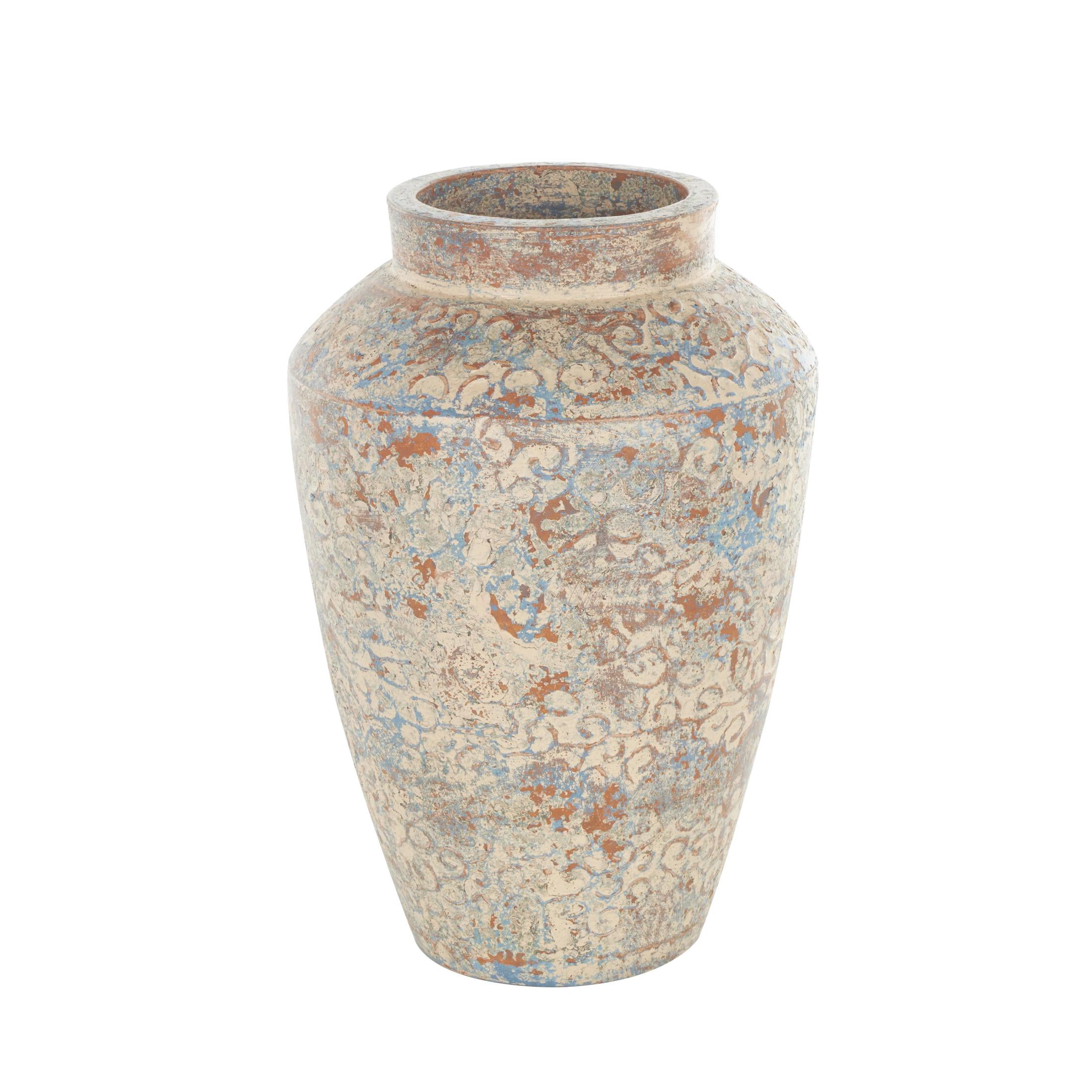 DecMode 16" Scroll Handmade Antique Style Beige Ceramic Vase with Blue and Copper Accents