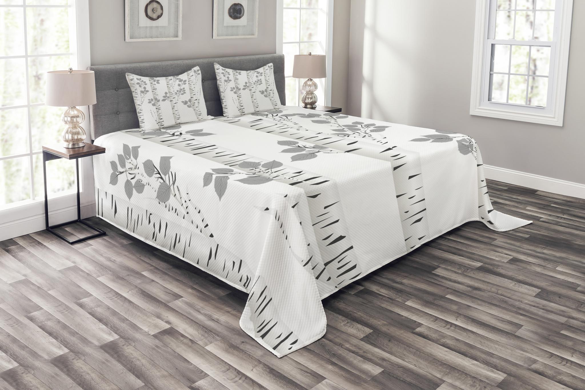 Birch Tree Bedspread Set King Size, Artistic White Branches with Leaves