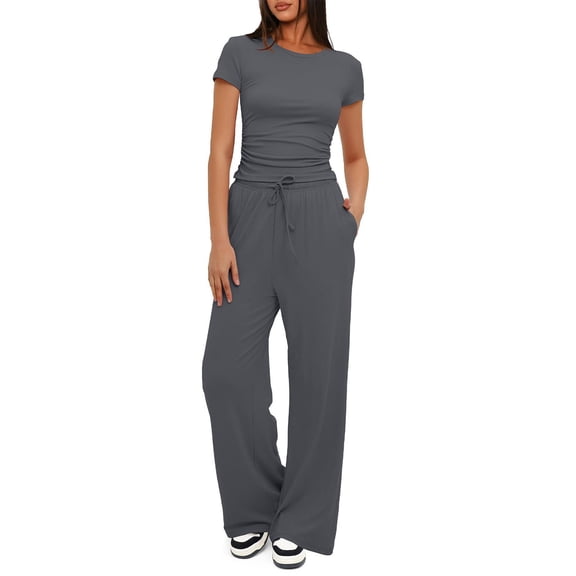 Cagogo Women's 2 Piece Shorts Set Casual Summer Cruise Outfits Loose Short Sleeve Crew Neck Tops Pants Matching Lounge Sets Airport Travel Outfit Clothes, Dark Gray 2XL