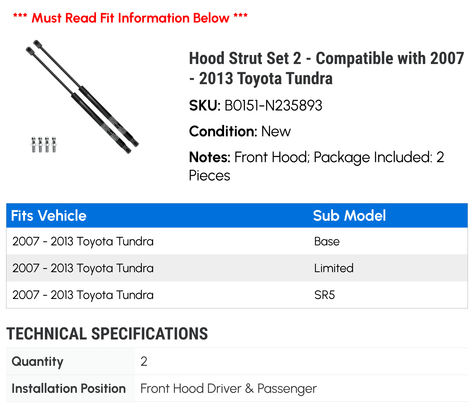 Hood Strut Set 2 - Compatible with 2007 - 2013 Toyota Tundra - Autopart Premium