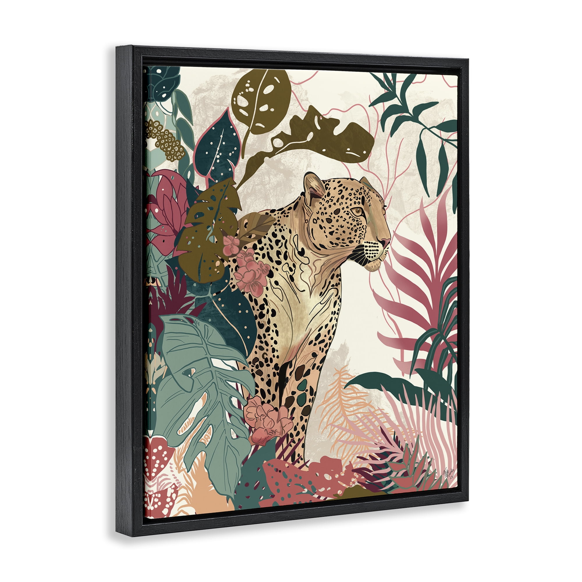 Stupell Industries Cheetah Tropical Leaf Pattern Animals & Insects Painting Black Floater Framed Canvas Art Print Wall Art, 17 x 21
