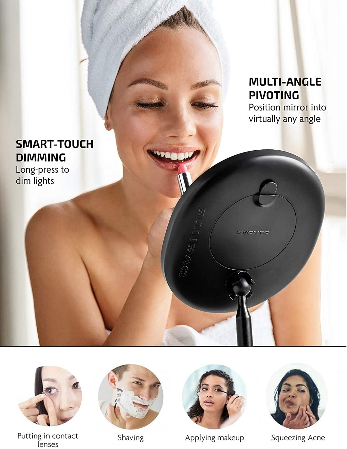 OVENTE 9" Rechargeable Lighted Tabletop Makeup Mirror with Mini Magnetic 10X Magnifying Mirror, Touch Screen Dimmable LED Lights, Portable Vanity Mirror Perfect for Bathroom or Travel, Black MOT22B
