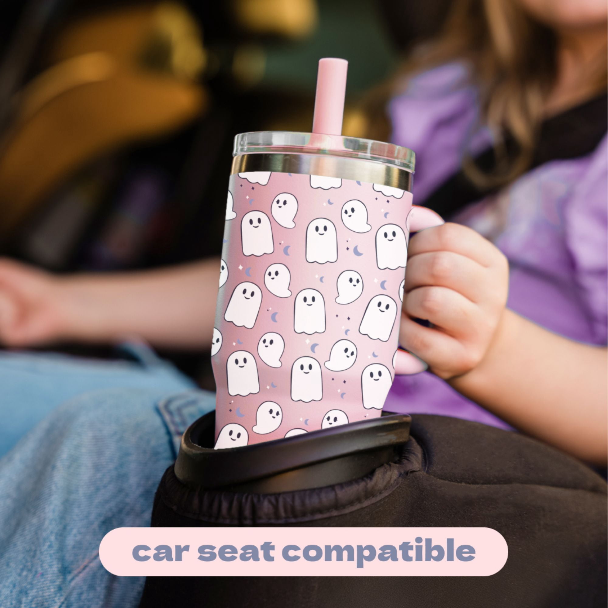 YAYA My First Travel Tumbler for Preschool & Kids 3+, Insulated Stainless Steel Tumbler with Reusable Silicone Straw & Spill-Proof Lid, Cup Holder Compatible, BPA-Free, 12oz, Ghosts