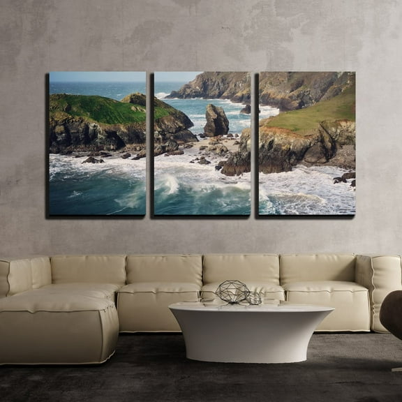wall26 - 3 Piece Canvas Wall Art - Coast Landscape with Mountains and Sea Waves - Modern Home Art Stretched and Framed Ready to Hang - 24"x36"x3 Panels