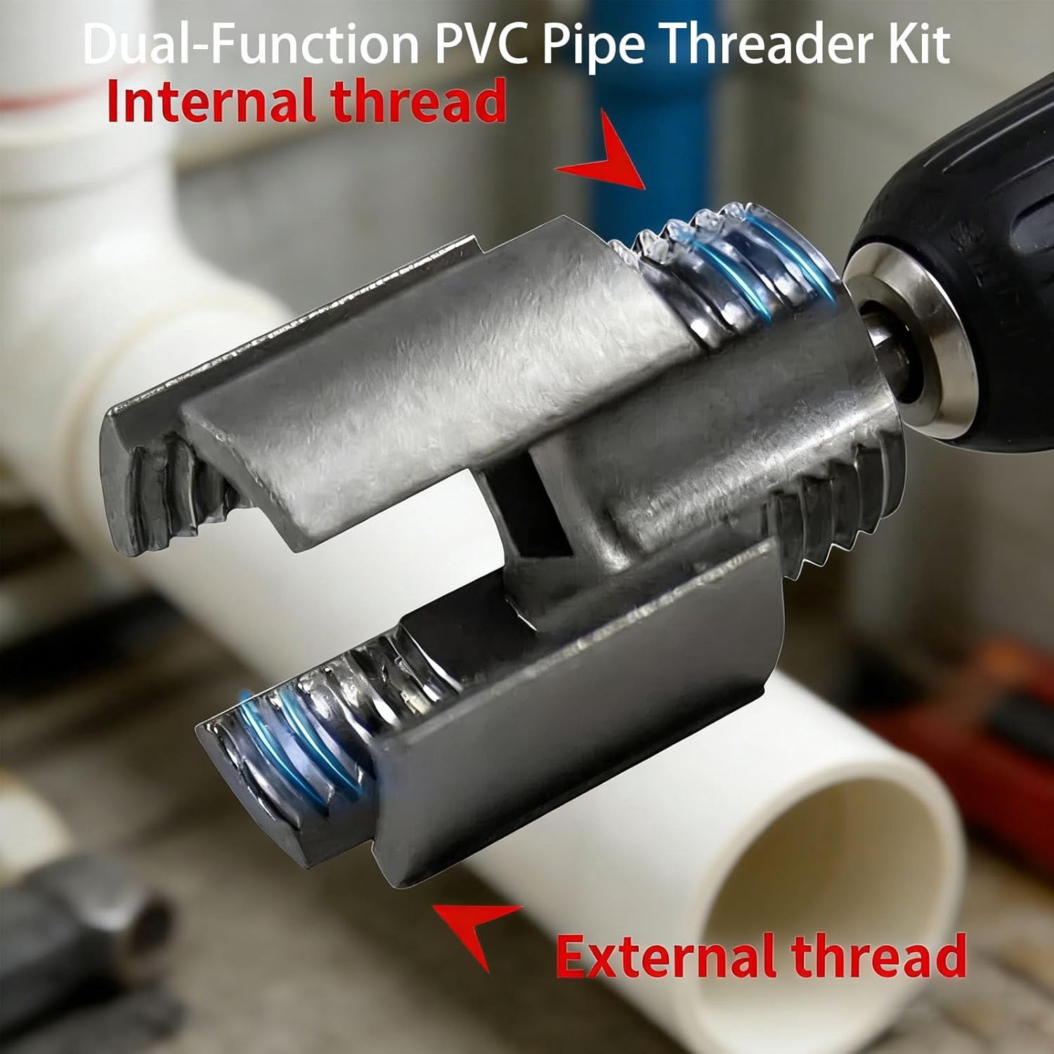 4 In 1 Water Pipe Wrench, 1/2" & 3/4"Internal And External Pipe Threading Tool Set for PVC/Plastic Pipes, Pipe Thread Cutting Tool,Drill Driven Plumbing Repair Set for Water Pipe