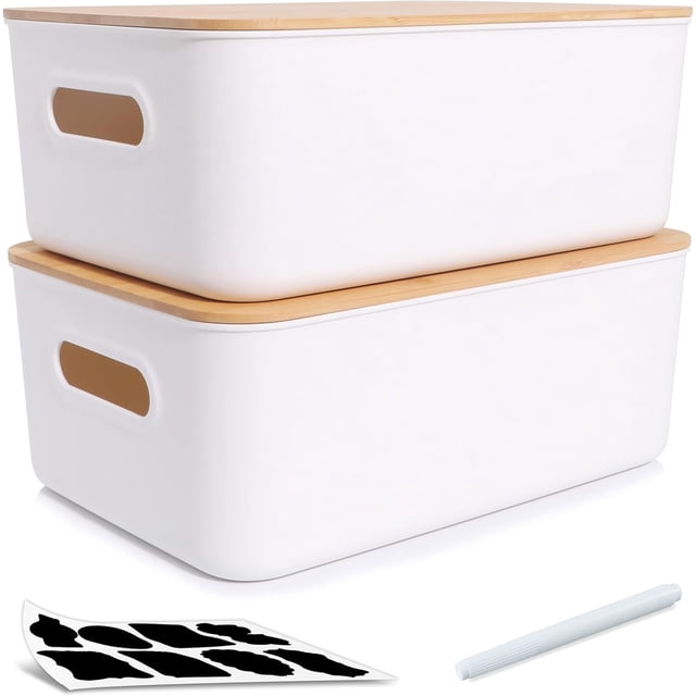 2PCS Plastic Storage Bins with Bamboo lids Stackable Storage Containers for Organizing, Bundled with Labels and Marker 10.24 x 7.01 x 6.1 inch (Color : White, Size : 2 PCS-15.12 x 10.67 x 5.
