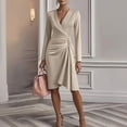 thumbnail image 2 of CharmCyan Women's Solid Color Bodycon Skirt Long-sleeved V-neck Pleated Design Sense Dress Champagne L, 2 of 4