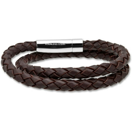 Steel Art Men's Double Round Braided Genuine Leather Bracelet with Polished Steel Closure, 17-Inch Long Wrap