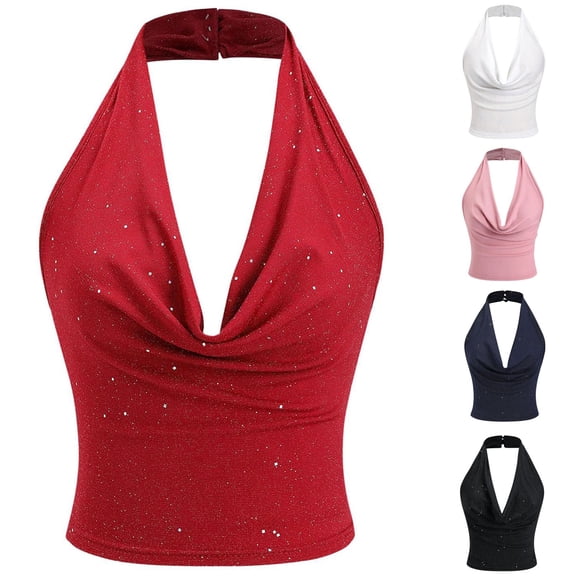 Tisuna Womens Tank Tops Summer Halter Neck Sleeveless Elegant Shirt Ladies Backless Going Out Party Cami T-Shirt Size L Black