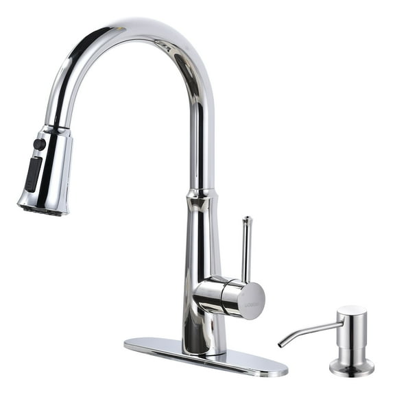 Wowow Pull Out Kitchen Faucet with Deck Plate & 6 Functions in Matte Black