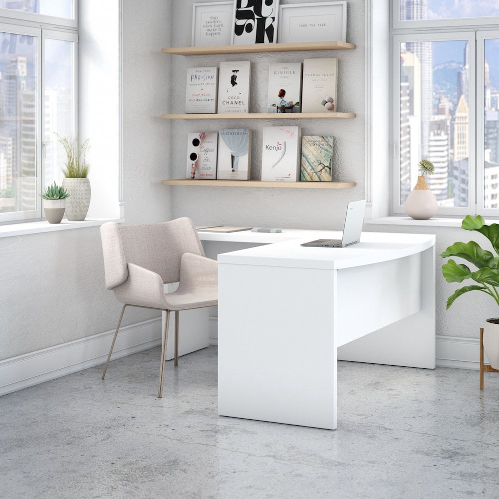 kathy Ireland Echo Bow Front L Shaped Wood Desk in Pure White