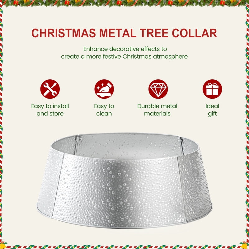 Gianna Metal Christmas Tree Collar for 7.5 ft Artificial Trees, 4-Panel Base Cover for Holiday Décor Skirt Alternative, 26inch, Silver