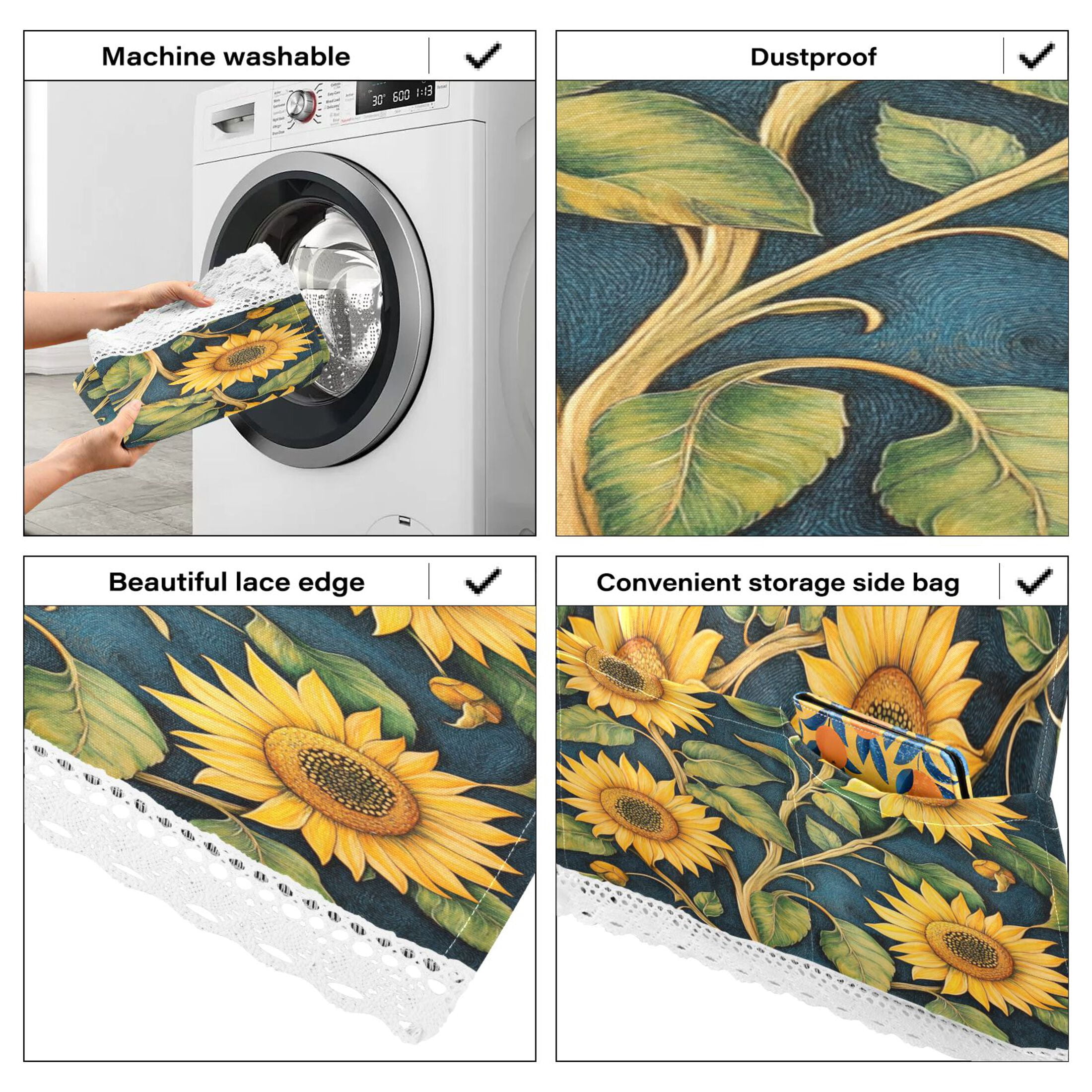 SunflowersWasher and Dryer Covers Dust-Proof and Oil Resistant Fridge Cover with 4 Storage Pockets Washing Machine Top Cover for Laundry Kitchen Home 51.2 x 22 In