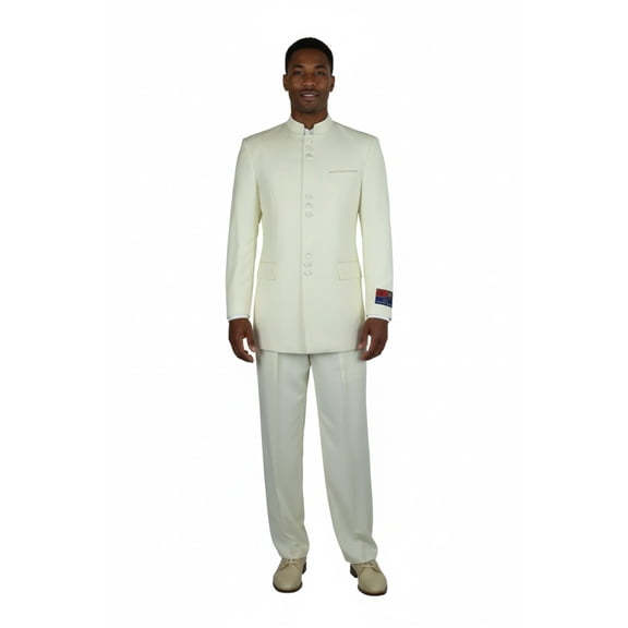 Mens Apollo King Banded Collarless suit Chinese Mandarin Wide leg AG97 Ivory