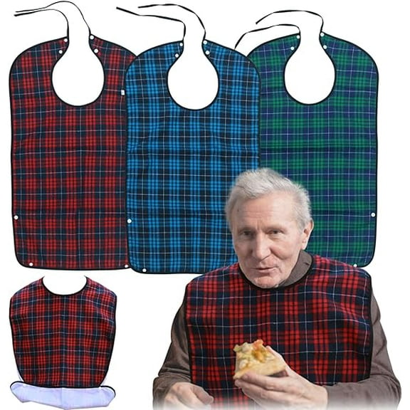 3Pack Adult Bibs Washable Waterproof Clothing Protector with Eating Crumb Catcher for Men Women Elderly,Wide,Cotton & Polyester