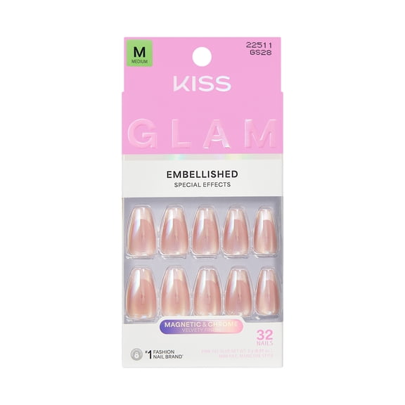 KISS GLAM Embellished Press On Nails, ‘Dusk Mirage’, Beige, Medium Coffin, 32 Count