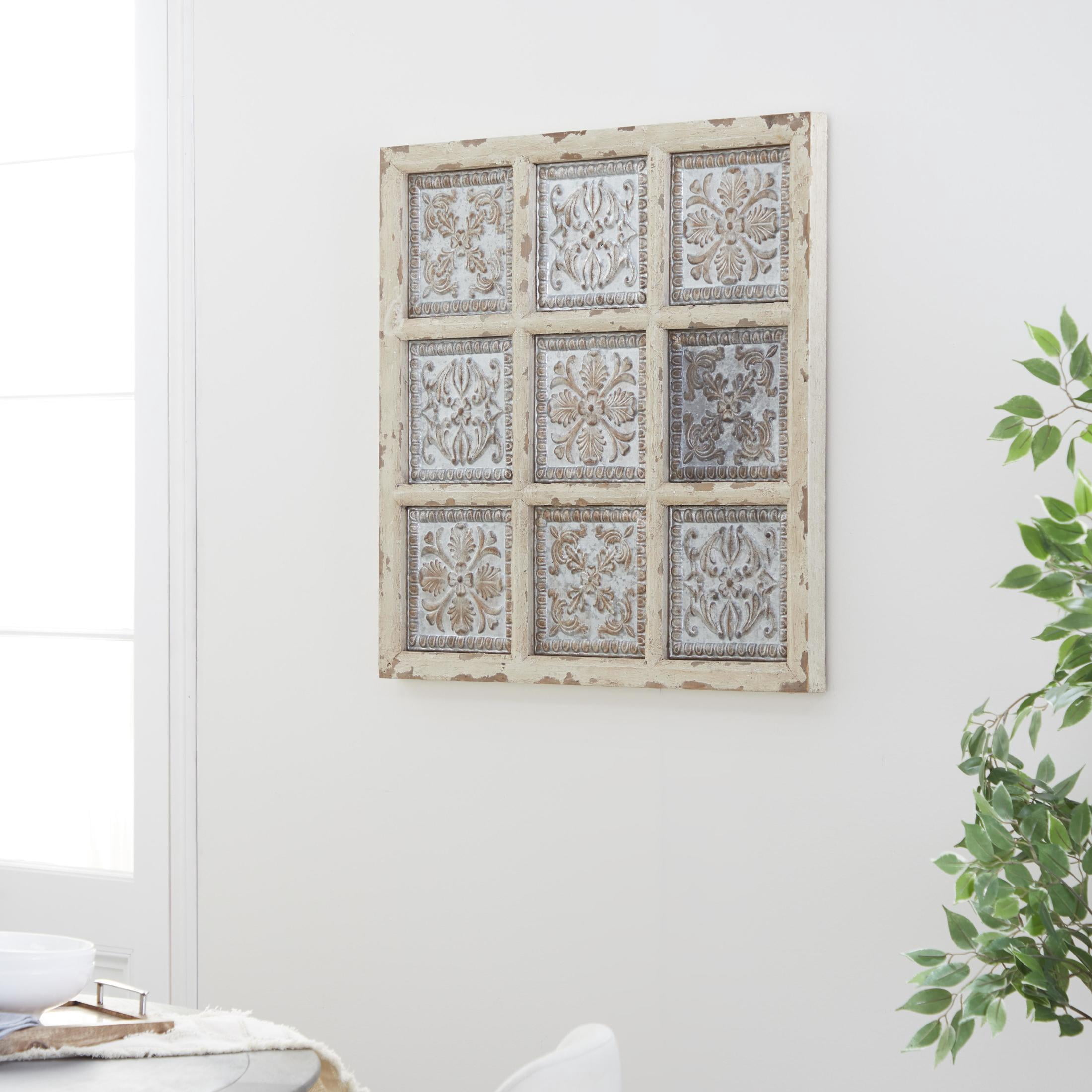 DecMode Gray Metal Embossed Floral Wall Decor with Distressed Cream Frame