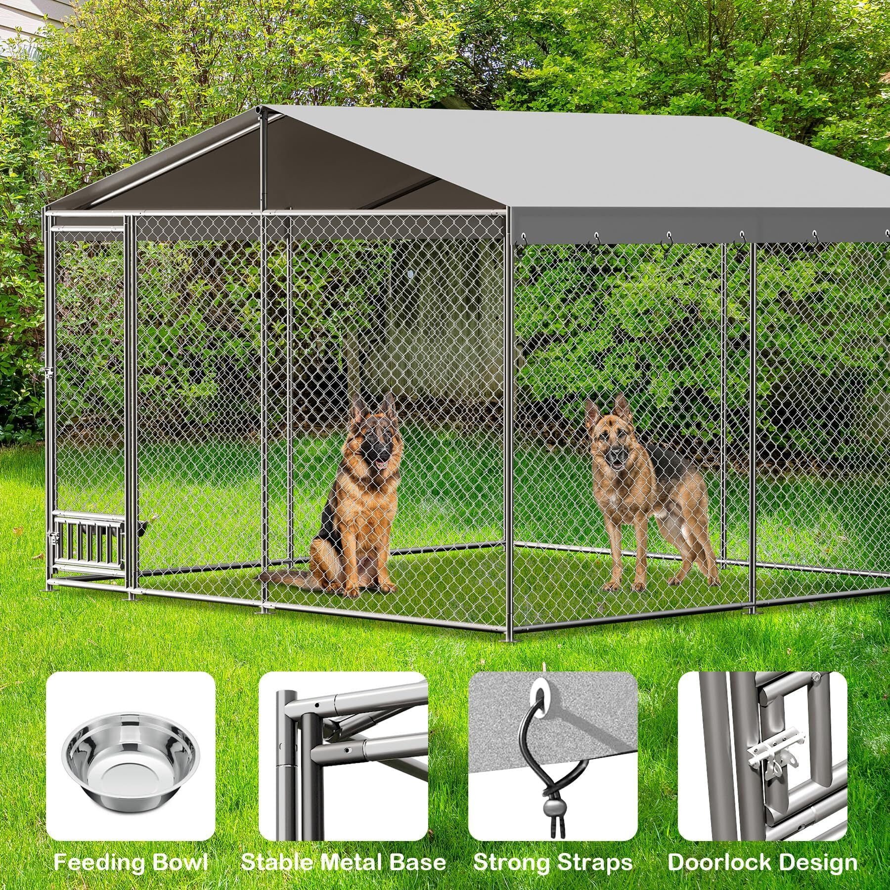EuKer 10x10 ft Large Outdoor Dog Kennel with Waterproof Cover and Feeding Door for Medium/Large Dogs, Silver