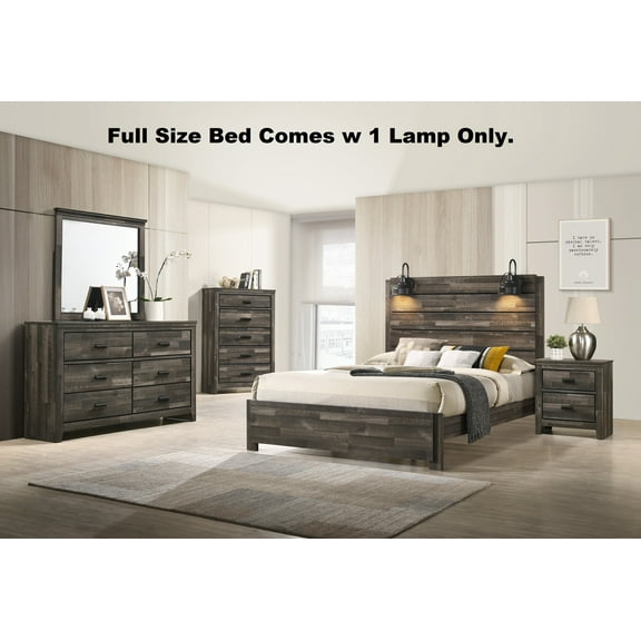 Contemporary Rustic Brown Finish Full Size 4Pc Bedroom Set Bed Dresser Mirror Nightstand Wooden Furniture